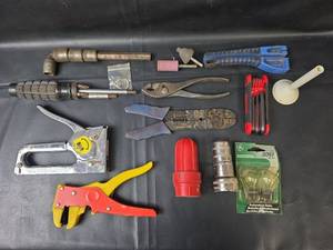 lot 684 image: Hand Tools Lot Stapler, Pliers, Hex Keys, Wire Strippers, Bulbs, Accessories