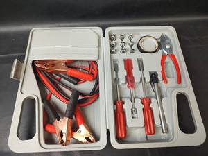 lot 702 image: Automotive Tool Kit with Jumper Cables Pliers Screwdrivers and Accessories