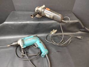 lot 737 image: Black & Decker 4.5 Inch Angle Grinder 7750 Type 1 120V and Makita TFC10-12-01 Corded Power Drill