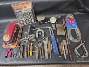 lot 753 image: Mixed Tool & Hardware Lot - LED Taillight, Lug Nuts, Tubing, Hand Tools