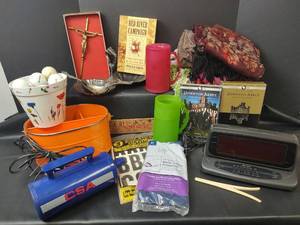 lot 780 image: Mixed Lot CSA DC-12V Inflator, Downton Abbey DVDs, Body Pillow Protector, AMFM Clock  Radio and More