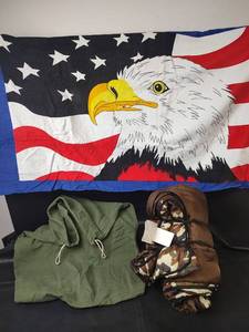 lot 809 image: Eagle Beach Towel, Olive Duffel Bag, and CamoBrown Sleeping Bag