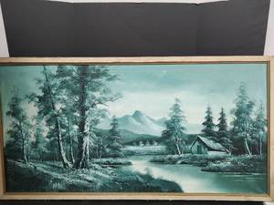 lot 819 image: Landscape Painting Mountain Lake Forest Scene Framed, 50 x 26