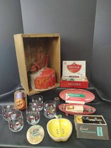 lot 831 image: Collectibles Lot Swisher Box, Buttonholders, Glassware, Novelty Items, Fuel Can