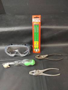 lot 844 image: NEW ITEMS, Carpenters Pencil 2 Pack, Safety Goggles, Sontax 6 in 1 Screwdriver and Pliers
