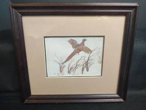 lot 12 image: E Groves, Kansas Professional Watercolor Artist, Signed, Pheasant Framed Art Print, 11 x 10