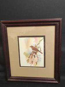 lot 14 image: E. Groves,  Prof. Watercolor Artist, Bird on Branch  Watercolor Framed Art, 9.5 x 11