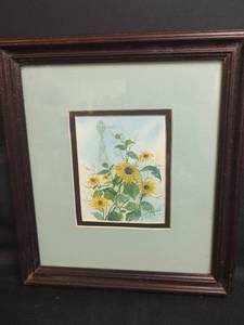 lot 15 image: E. Groves, Watercolor Artist, Signed, Sunflowers Windmill Framed Art, 9.5 x 11