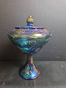 lot 208 image: Indiana Glass Co. Harvest Grape Blue Iridescent Glass Covered Candy Dish with Pedestal Base