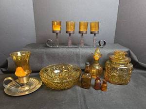 lot 211 image: Amber Glass Decor - 4-Cup Candelabra, Bowl, Decanter Bottles