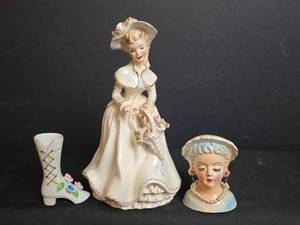 lot 223 image: Three Porcelain Figurine - Woman, Doll Head, and Boot Vase