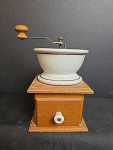 lot 225 image: Manual Coffee Grinder with Ceramic Bowl and Wood Base