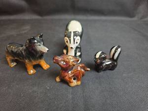 lot 247 image: 4 Miniature Hand-Painted Animal Figurines Dog, Skunks, and Donkey