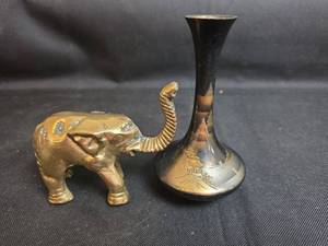 lot 258 image: Brass Elephant Figurine with Brass Etched Decorative Vase