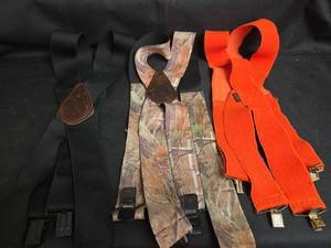 lot 277 image: Lot of 3 Suspenders with Metal Clips Black, Camouflage, and Orange