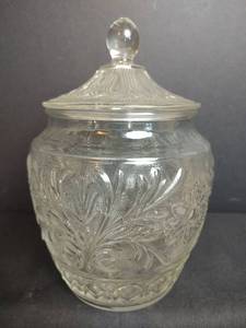 lot 292 image: Glass Covered Jar with Decorative Relief Pattern and Finial Lid