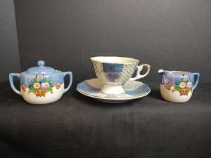 lot 300 image: Vintage Noritake Handpainted Porcelain Cream and Sugar Bowl and Cup and Saucer, Both Made in Japan