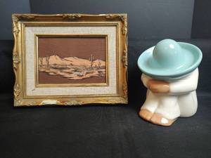 lot 302 image: Framed Desert Landscape Painting 11 x 8.5 and Ceramic Figurine with Sombrero