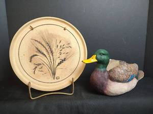 lot 303 image: Handmade Decorative Plate with Wheat Design and Duck Figurine Vase