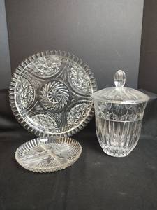 lot 333 image: Cut Glass Platter, Divided Dish and Cookie Jar
