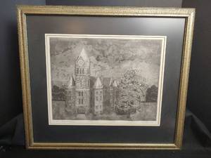 lot 348 image: Max Ebaugh Imp, McPherson Kansas Based Multi-Media Artist, McPherson County Courthouse Etching, Signed, 14100, 24.5 x 21