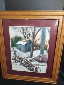 lot 350 image: Framed Winter Landscape Painting with Cabin, 24 x 28