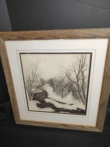 lot 357 image: Ken Preheim, Signed, Pen and Ink Winter Landscape, 22 x 23