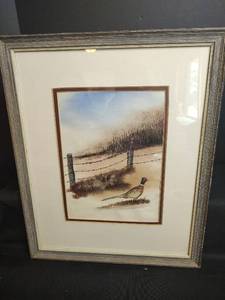 lot 359 image: Framed Watercolor Pheasant Landscape