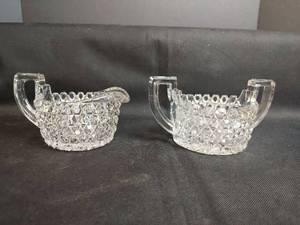 lot 365 image: Vintage Brilliant Crystal Hexagon Cream And Sugar Set with Sawtooth Edge