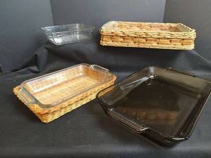 lot 375 image: Assorted Sizes Glass Baking Dishes with Wicker Baskets