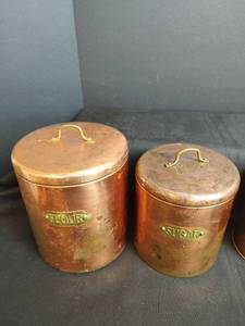 lot 384 image: Vintage Copper and Brass Canister Set with Coppertone Accessories