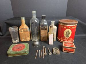 lot 400 image: Vintage Bottles, Tins, and Collectibles Hair Tonic, Elixir, Tobacco, and More