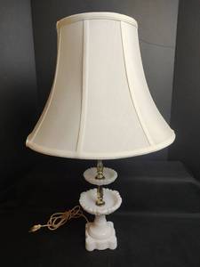 lot 405 image: Vintage Three Tier Milk Glass Lamp, 25 inches tall