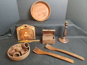 lot 411 image: Wood Decorative Lot Crumb Duster, Candlestick, Utensils, Music Box and More