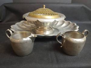 lot 412 image: Vintage Pewter Reed & Barton Tray with Covered Dish with Brass Lid and Cream and Sugar