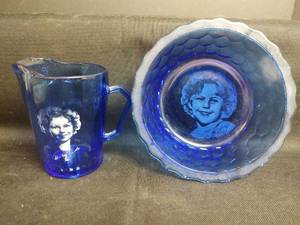 lot 432 image: Vintage Blue Glass Shirley Temple Bowl and Pitcher