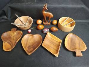 lot 436 image: Wooden Decorative Items Carved Antelope Figurine, Bowls, Eggs and Nut Plates