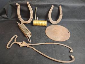 lot 437 image: Vintage Ice Tongs, Horseshoe, Hanging Scale and More
