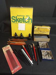 lot 446 image: Art Supplies Lot - Drawing Ink and Pens, Charcoal Pencils and Sketch Pad