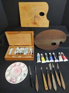 lot 448 image: Artist Lot-Palettes, Brushes, and Paint Tubes