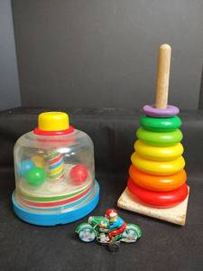 lot 470 image: Vintage Spin Top and Ring Stacker with Tin Motorcycle