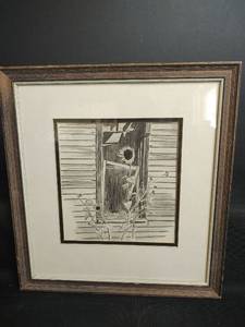 lot 480 image: Framed Drawing Sunflowers Window, 14 x 15.5