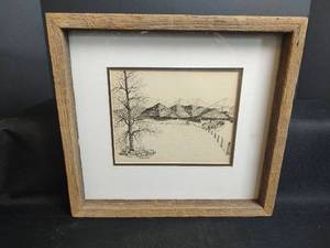 lot 481 image: Ken Preheim Framed Pen and Ink Landscape, Signed, 13.5 x 12.5