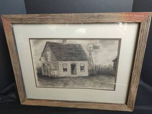 lot 483 image: Ken Preheim, Framed Drawing Farm House with Windmill, 24.5 x 19