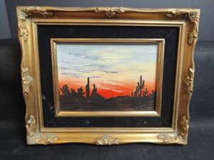 lot 491 image: Desert Sunset Oil Painting, Signed, 11 x 8.5