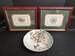 lot 495 image: Framed Bird Prints 12 x 10 and Porcelain Bowl, Made in Japan