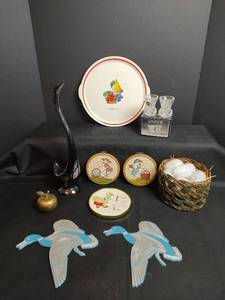 lot 496 image: Vintage Elyria Lumber & Merc Co. Plate, Glass Eggs with Mixed Collectibles