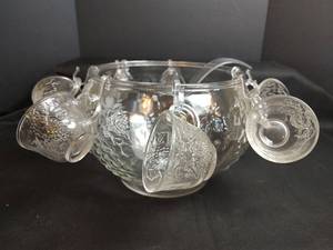 lot 506 image: Glass Punch Bowl with Embossed Grape Design (7) Cups and Ladle
