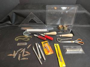 lot 525 image: Speedball Brass Roll-Out Ruler, Hand Tools and Assorted Crafting Tools