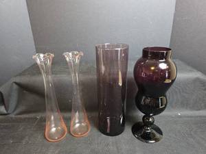 lot 555 image: Glass Vase, 4 Pieces, Pair of Tall Flared Pink, Pedestal Urn Dark Purple